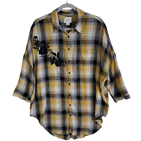 Maeve Yellow and Black Plaid Shirt Embroidered Drop Shoulder Size XS - Picture 5 of 8